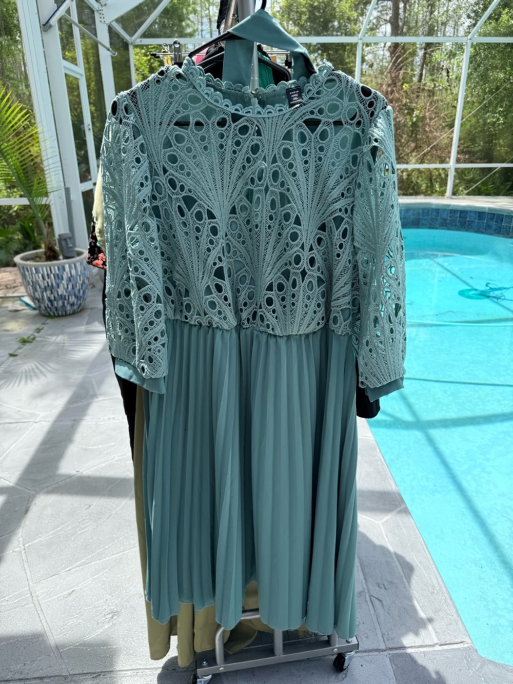 SHEIN Curve 2XL light teal Lace Midi Dress Pleated Skirt Sheer Sleeve Formal